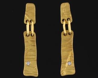 Ladies Pair of 18K Gold and Diamond Bar Link Dangle Earrings