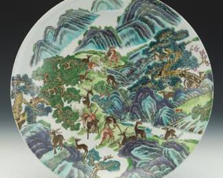 Chinese Large Famille Vert Hand Painted Porcelain Dish, in Storage Box