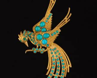 Large High Karat Gold and Persian Turquoise Bird Brooch