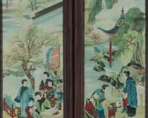 Pair of Vintage Chinese Framed Woodblock Prints, Auspicious Pattern and Poems by Qi Lu