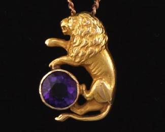 Ladies Gilded Age Gold and Amethyst Lion Rampant Slider on Chain