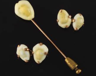 Gentlemens Gilded Age Gold and Shell Tie Pin and Pair of Cufflinks, in Presentation Box