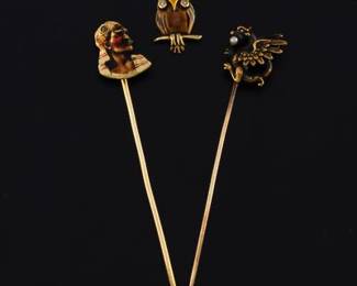 Art Nouveau Three Gold, Enamel, Diamond and Seed Pearl Pins