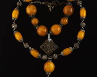 Egyptian Tribal Two Silver Plate Mix Metals and Amber Trading Beads Necklaces