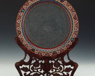 Chinese Large Cloisonne Enamelled and Gems Dish Basin, on Carved Wood Display Stand