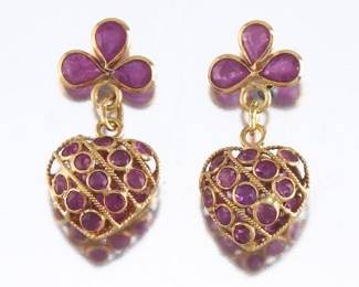 Ladies Pair of Gold and Ruby Heart Dangles