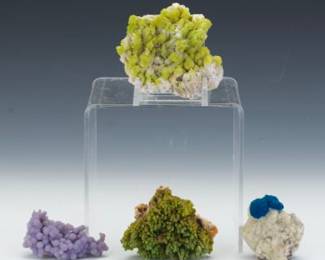 Group of Four Colorful Mineral Specimens Grape Agate, Adamite, Azurite, and Pyromorphite