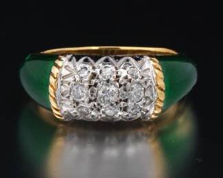 Ladies Green Enamel, Gold and Diamond Ring