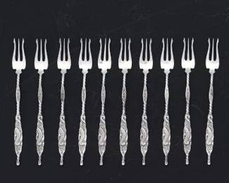 Whiting Mfg. Ten Sterling Silver Seafood Cocktail Forks, Seahorse Pattern