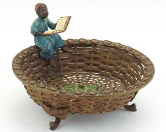 Austrian ColdPainted Bronze and Woven Basket with Seated Figure, Probably Vienna, Early 20th century