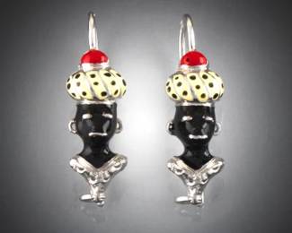 Pair of Sterling Silver and Enamel Blackamoor Large Earrings