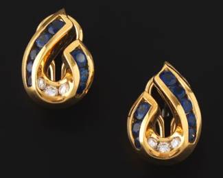 Charles Krypell Yellow Gold and Diamond Sapphire Earrings