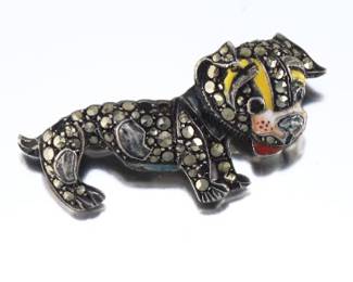 Adorable German Vintage Sterling Silver, Enamel and Marcasite Doggy Brooch