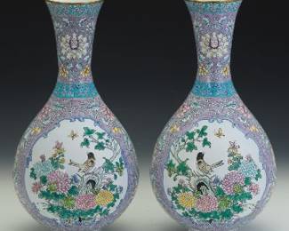 Chinese Pair of Large Canton Enamelled Mirror Images Vases