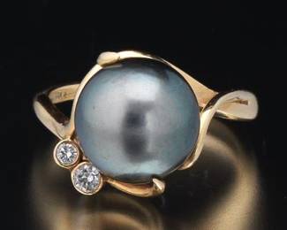 Ladies Gold, Tahitian Pearl and Diamond Bypass Ring