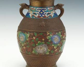 Japanese Cloisonne Enamel Bronze Vase with Dragon Handles
