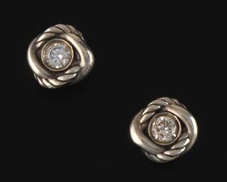 David Yurman Pair of Sterling Silver and Diamond Ear Studs