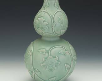 Chinese Celadon Glazed Porcelain Double Gourd Vase with Relief Decoration