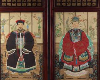 Pair of Chinese Ancestral Mandarin Court Paintings on Silk, Framed