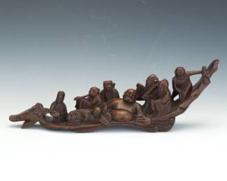 Chinese Carved Hardwood Figure Group of the Immortals in a Dragon Boat