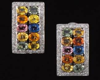 Ladies pair of Gold , Color Sapphire and Diamond Earrings