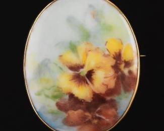 Antique Porcelain Brooch in 10k Gold