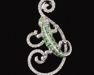 Whimsical Gold, Diamond and Peridot Lizard Scrolls Pendant