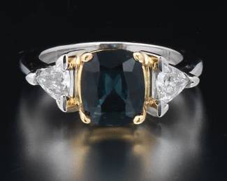 Ladies Gold, Platinum, Teal Sapphire and Diamond Ring