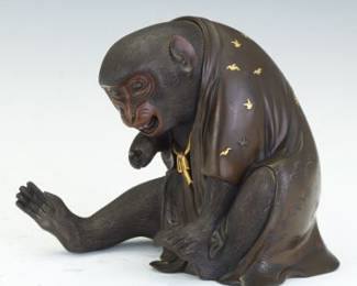 Japanese Patinated Bronze Monkey with Robe, Meiji to Taisho Period Style, ca. Early 20th Century