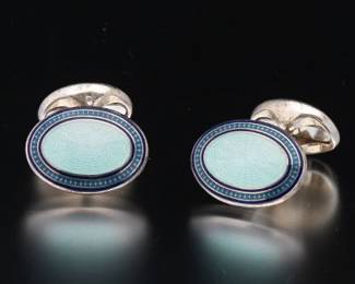 Deakin Francis Pair of Art Deco English Sterling Silver and Guilloche Enamel Cufflinks, Birmingham
