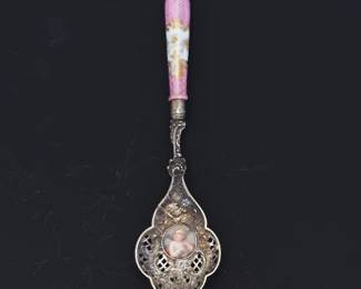German .800 Silver and Porcelain Portrait Spoon