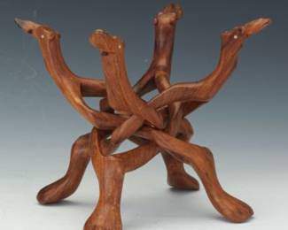 Chinese Carved Rosewood Interlocked Camels Puzzle Stand