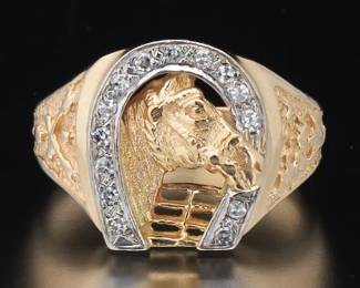 Gentlemens TwoTone Gold and Diamond Equestrian Lucky Ring