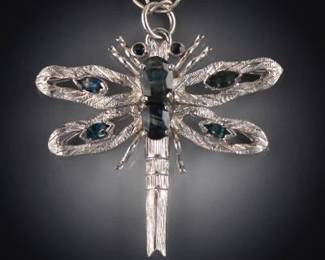 Ladies Sterling Silver and Natural Blue Green Sapphires Dragonfly Pendant on Chain