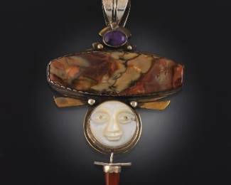 Artisan Sterling Silver, Bronze, Carnelian, Mother of Pearl and Jasper Pin Brooch