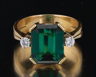Ladies Gold, Green Tourmaline and Diamond Ring