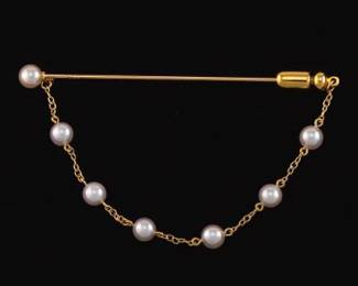 MIKIMOTO 18K Gold and Pearl Swag Bar Pin