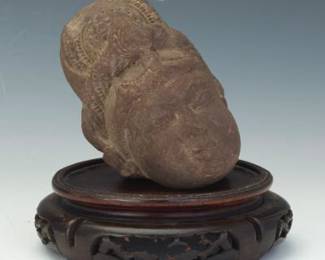 Antique Chinese Finely Carved Stone Guanyin Head, on Carved Wood Stand