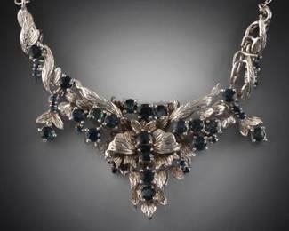 Ladies Sterling Silver and Natural Sapphire Floral Necklace