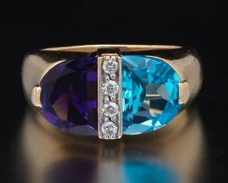 Ladies God, Blue Topaz, Amethyst and Diamond Rung