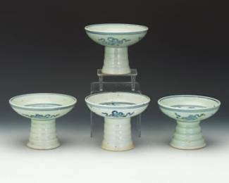 Four Ming Dynasty Style Celadon Porcelain Footed Offerings Bowls