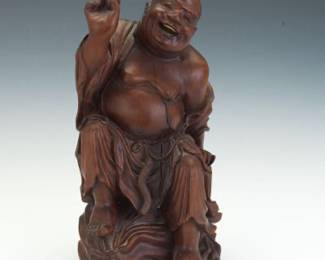 Chinese Carved Hardwood Figure of Hotei, Laughing Buddha, Late Qing to Republic Period