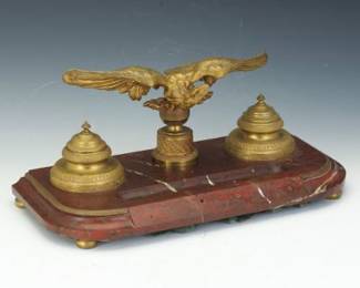 French Empire Style Large DOre Bronze and Rouge Marble Double Inkwell Standish