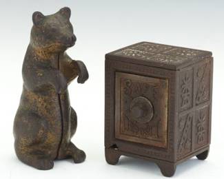 Two Cast Iron Still Banks Safe and Bear Form, Early 20th Century