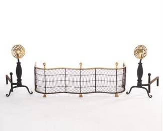 Three Piece Mix Metals Fireplace Fender and Pair of Andirons