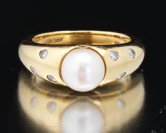 18K Yellow Gold Diamond and Pearl Ring