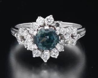 Ladies Italian Gold, Teal Sapphire and Diamond Ring