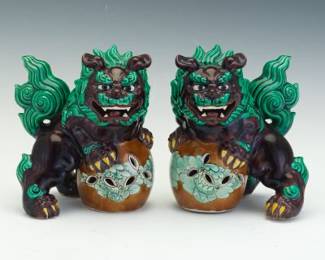 Pair of Glazed Ceramic Foo Dogs Shi Shi with Pierced Balls