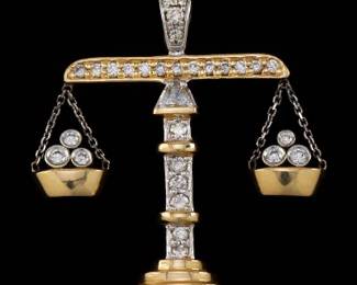Custom Made TwoTone Gold and Diamond Scales of Justice Pendant