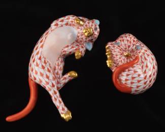 A Pair of Herend HandPainted Porcelain Cats in Rust Fishnet Pattern